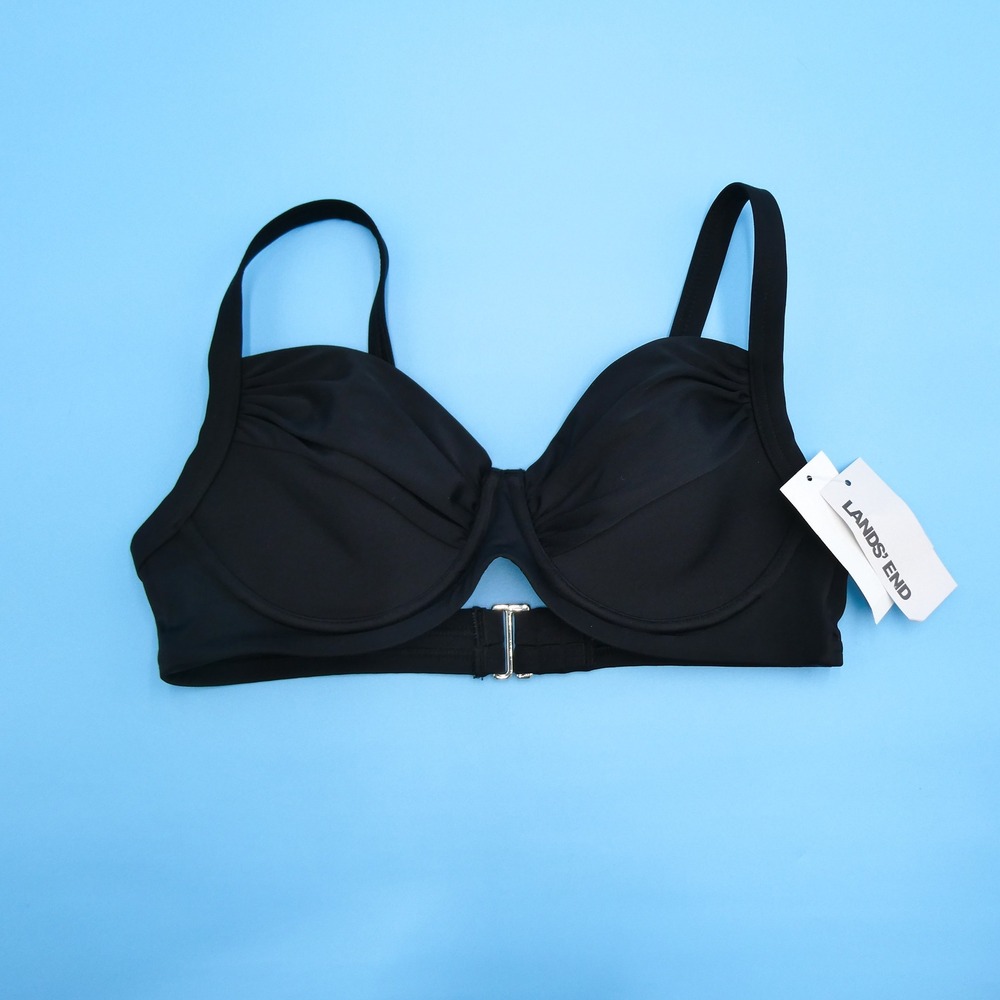 Lands End Bikini Top Women Size 4 Four Underwire Pleated Black Nylon Spandex